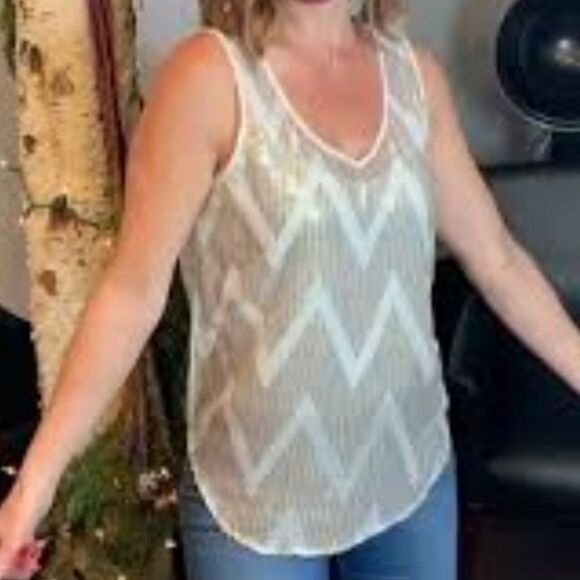 Socialite sheer cream tank top with sequin chevron detail, size M - Picture 4 of 7